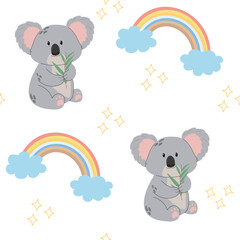 Children’s animals pattern with koala. Cute animal on white background with rainbow.	
