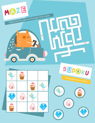 Cute Animals Activity Pages for Kids. Printable Activity Sheet with Animals Mini Games – Maze, Sudoku. Vector illustration.