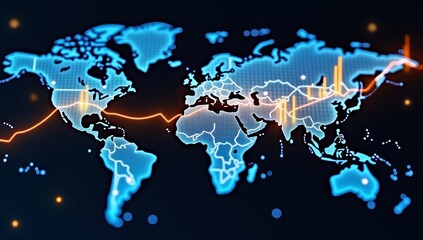 Stylized world map overlaid with glowing orange financial data

