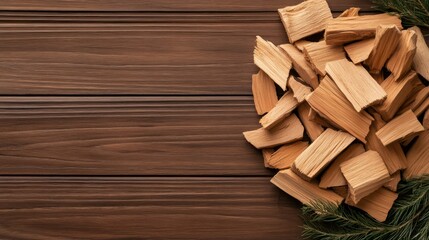 Stockpile of neatly arranged firewood on a rustic wooden surface, ideal for barbeque grilling and outdoor cooking during summer gatherings or family events