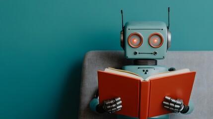 Fototapeta premium Vintage robot reading a book in a cozy cafe