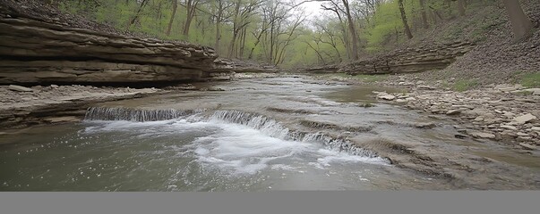 Creek flows through spring forest. Nature scene