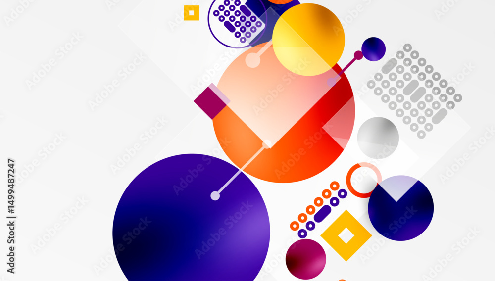 Poster abstract geometric shapes, circles, squares, dots. warm, cool colors blend, creating dynamic composi