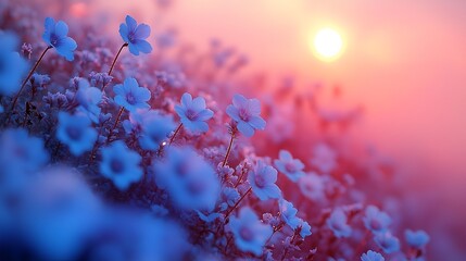 Blue flowers at sunset, soft light, nature.