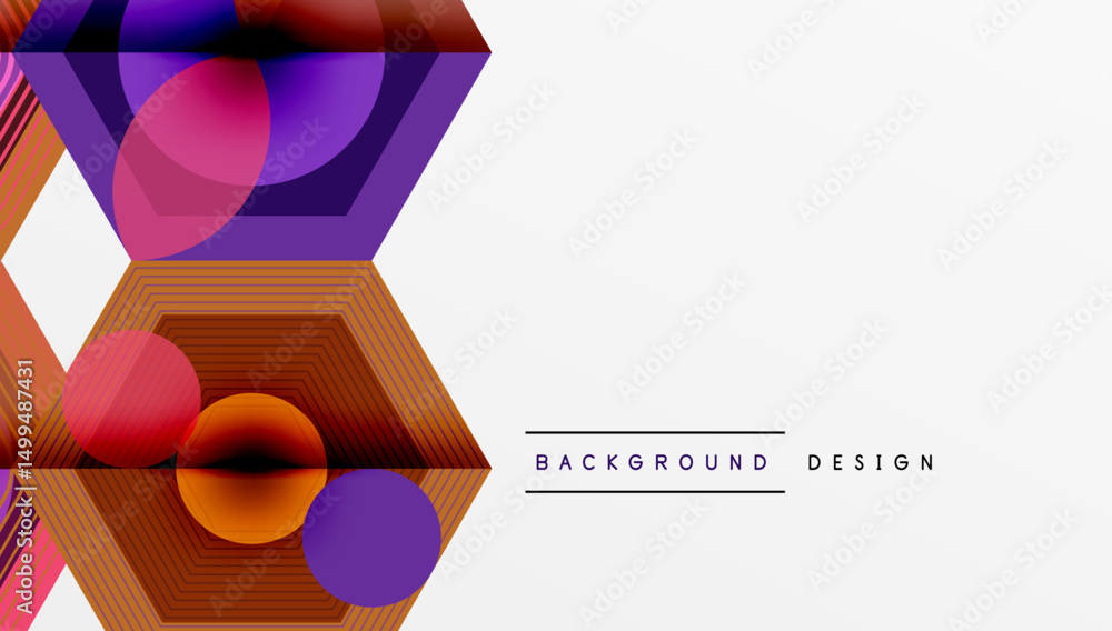 Poster Abstract geometric design. Hexagons, circles overlap creating vibrant color gradients. Modern aesthetic, clean lines, minimalist style.