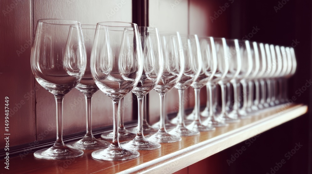 Poster row of wine glasses are lined up on a shelf. the glasses are all clear and appear to be empty. the s