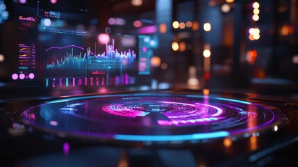 A glowing hologram display showing interactive data and charts in a futuristic setting.