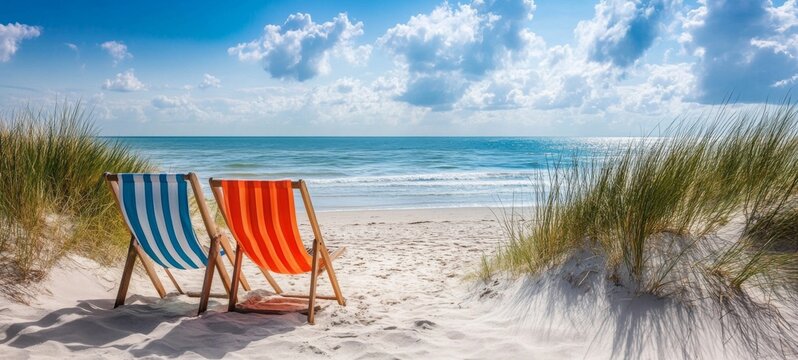 Landscape summer vacation holiday travel ocean north sea beach dune background banner panorama - Wooden sun loungers, deck chair, lounge chair on the sand, blue sky and sunshine