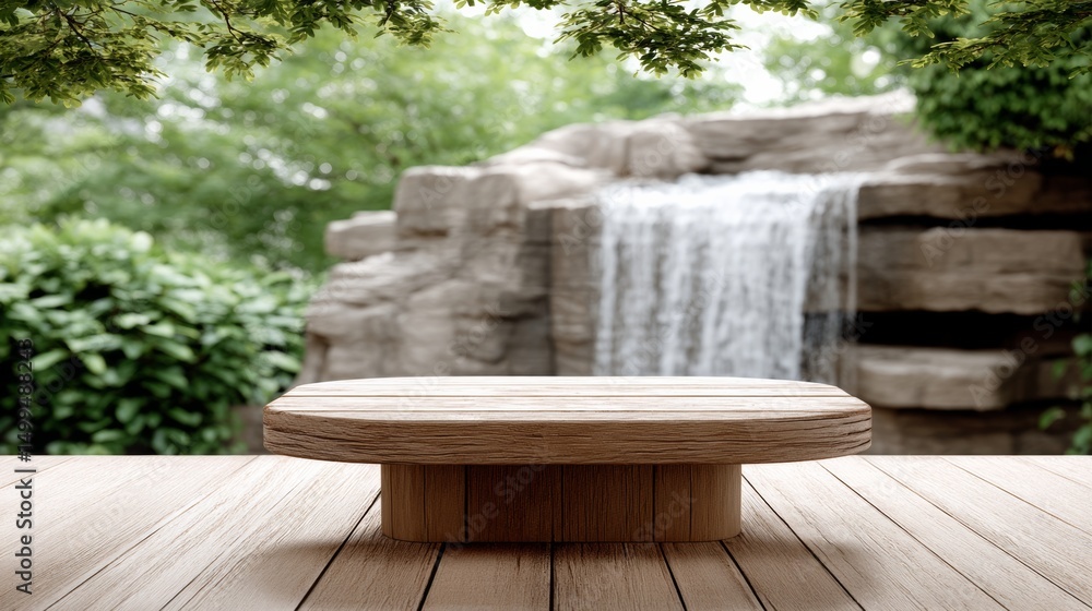 Poster wooden bench is placed in front of a waterfall. the bench is empty and the waterfall is in the backg