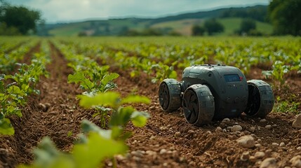 Agricultural robot navigating a field of young plants.