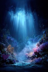 Obraz premium Underwater Coral Reef Scene with Sun Rays, Deep Ocean Floor, Low Angle View, Marine Ecosystem, Fantasy