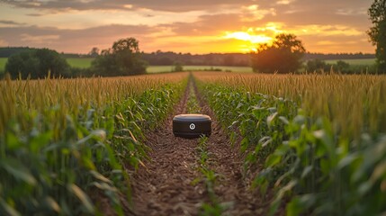 Sunset over a cornfield with a small black device in the center.