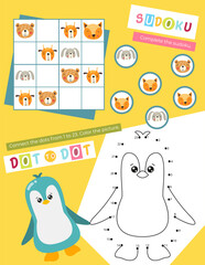Cute Animals Activity Pages for Kids. Printable Activity Sheet with Woodland Animals Mini Games – Dot to dot, Sudoku. Vector illustration.
