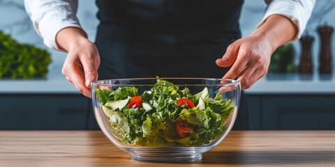Fresh vegetable salad preparation with lettuce, tomato, cucumber in glass bowl on kitchen table, healthy lifestyle
