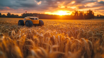 Autonomous robot in a wheat field at sunset.