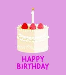Cute minimalistic trendy Happy Birthday card with creamy cake. cake decor strawberry and one candle. Holiday vector background on pink background.