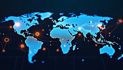 Stylized world map overlaid with glowing orange financial data
