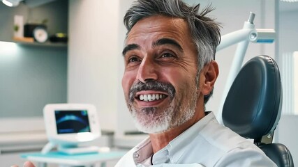 Happy mature man at dentist. Middle aged handsome man having teeth examination and consultation with dentist at dental office. Teeth whitening, dental treatment, oral hygiene, teeth restoration - Powered by Adobe