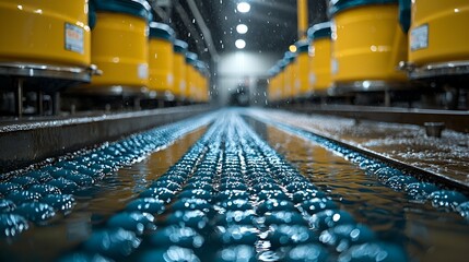 Industrial water treatment facility with rows of yellow tanks and a textured water channel.