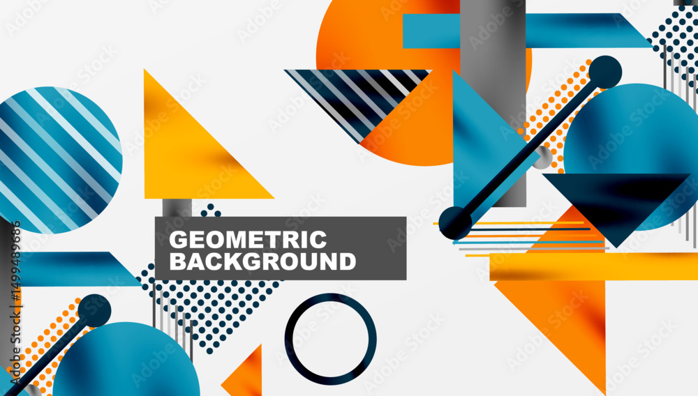 Leinwandbilder Abstract geometric composition. Shapes overlap, creating dynamic visual effect. Orange, blue, black dominate design. Modern style.