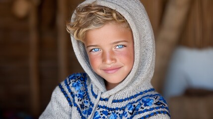 Close-up of a young boy with blue eyes and blonde hair wearing a gray hoodie and patterned sweater