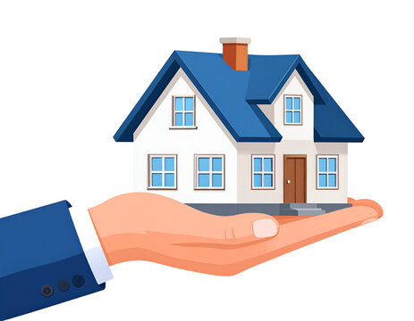 A hand gently cradles a charming two-story house, symbolizing homeownership, security, and real estate