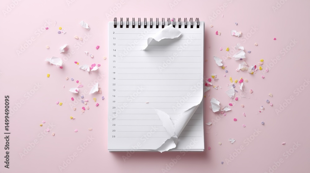 Poster spiral notebook with a page ripped out and a pink background. the notebook is open to a blank page