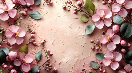 Pink flowers and leaves border on peach background.