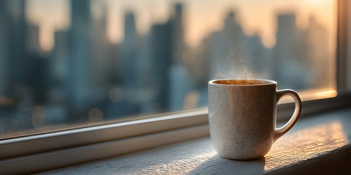 White ceramic mug, hot coffee, on bright windowsill, right. Background: blurred urban cityscape, warm golden morning sunlight streaming through window.
