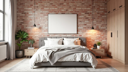loft-style bedroom with brick walls