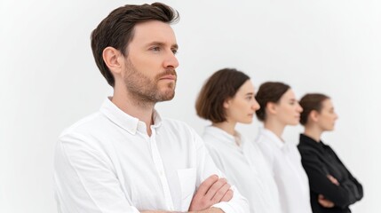 Fototapeta premium Group of people are standing in a line, all wearing white shirts. The man in the middle is looking down, while the others look up. Concept of unity and teamwork