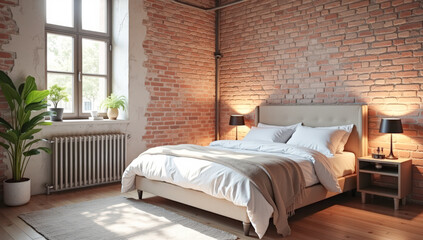 loft-style bedroom with brick walls