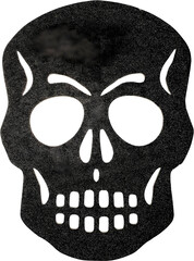 Striking close-up of a textured black skull silhouette with cut-out eye sockets creating a contrast against the background evoking a dark mysterious ambience