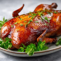 Roasted duck on plate close up studio shot with parsley garnish for food photography and holiday meal preparation