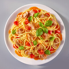 Spaghetti mit Thunfisch und Paprika, Topshot, Nudeln, Fisch, isoliert, Pasta, 