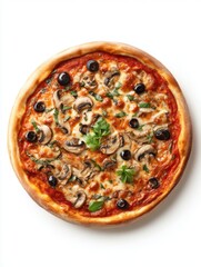Overhead view of a delicious mushroom and olive pizza on a white background studio shot ready to eat