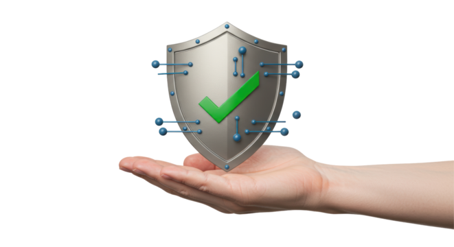 Isolated Shield with Check Mark Supported by Hand