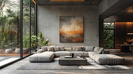 Modern living room with sectional sofa, large artwork, and floor-to-ceiling windows overlooking lush greenery.