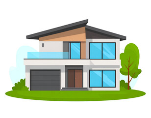 Modern two-story home with a balcony, garage, and landscaping