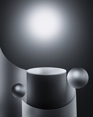 A empty gray black metallic round podium product showcase for product display with 3d object