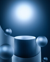 A empty blue metallic round podium product showcase for product display with 3d object