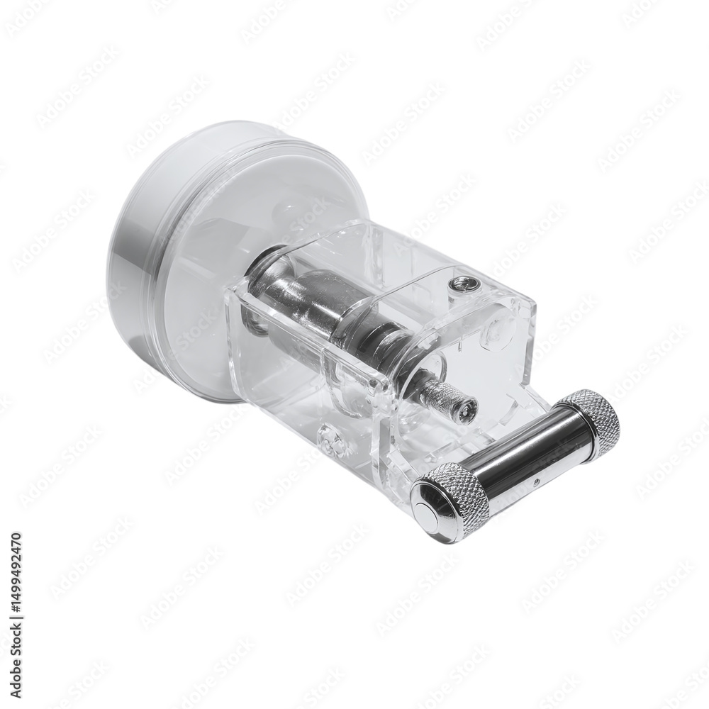 Poster transparent mechanical device showcasing intricate engineering design, isolated on a white backgroun