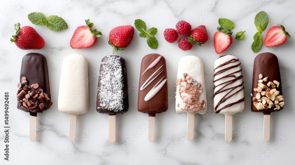 Aufkleber row of ice cream sticks with different toppings, including chocolate and nuts. concept of variety an