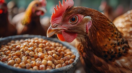 Close-up of a hen eating grain.