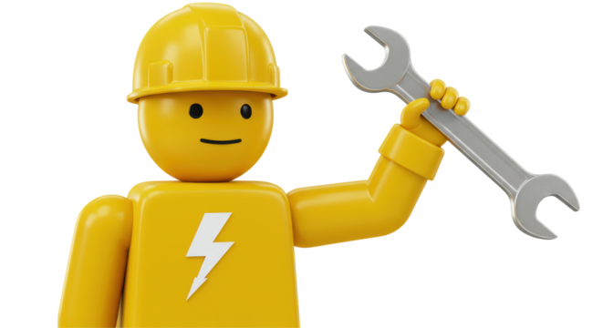 Isolated Cartoon Electrician Holding Wrench Wearing Hardhat