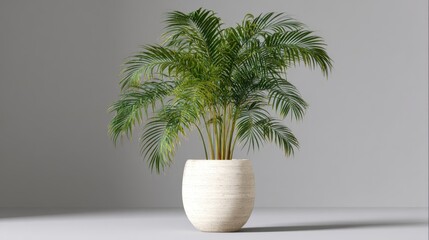 Obraz premium Studio shot of areca palm in textured pot against neutral backdrop for interior design and home decor concepts