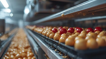 Conveyor belt with rows of coated candies in food processing plant.