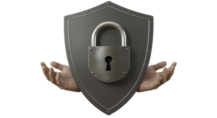 Isolated Shield and Padlock Held by Hands for Protection and Security