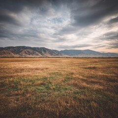 Expansive Field of Dry Grass Leading to Distant Mountains Under a Dramatic Cloudy Sky Landscape View