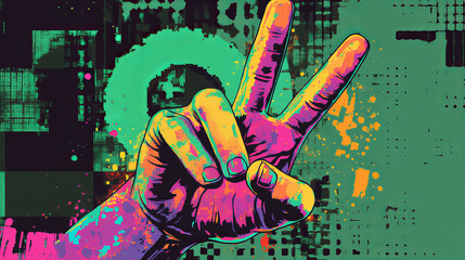 Colorful painted hand showing peace sign on green background with abstract splatter and checker pattern, vibrant pop art gesture for youth culture, protest visuals, social media posters, or music fest